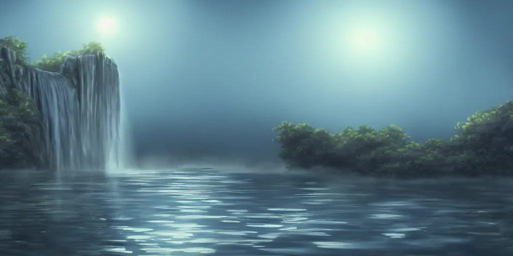 Prompt: a cell - shaded studio ghibli concept art study of a roach arch time portal in the air over a flooded desert on a misty starry night. a waterfall is flowing out of the portal. very dull colors, hd, 4 k, hq