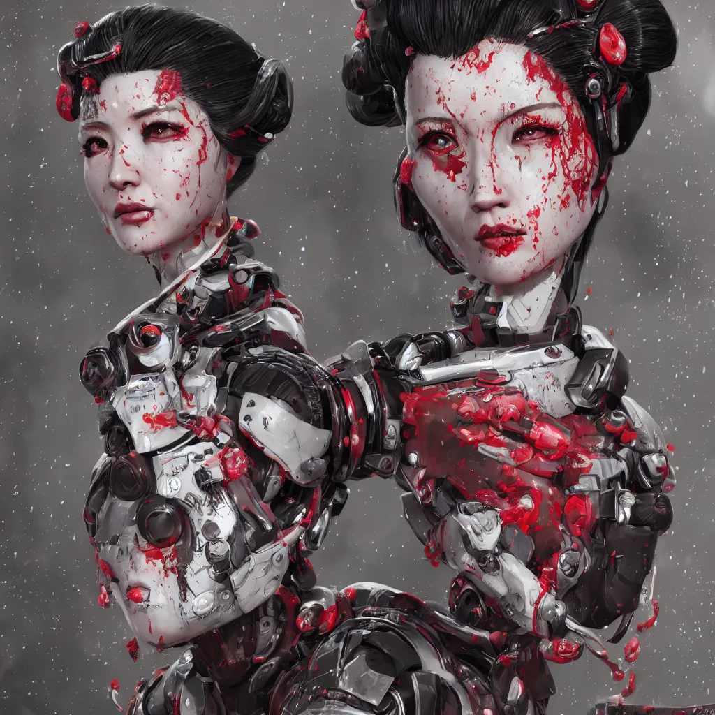 Prompt: An epic fantastic realism comic book style portrait painting of a Japanese robotic geisha, cherry blossom rain everywhere, Apex Legends Concept Art, porcelain, unreal 5, DAZ, hyperrealistic, octane render, cosplay, RPG portrait, dynamic lighting