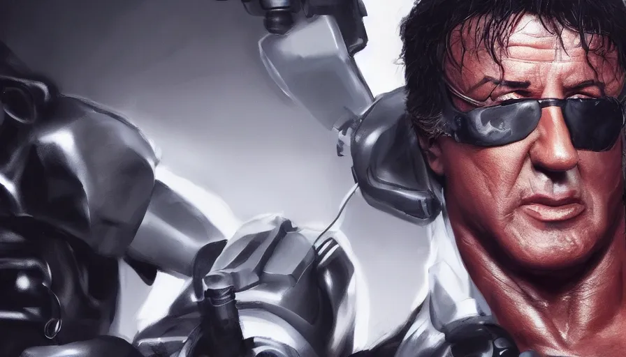 Prompt: Sylvester Stallone is Terminator, hyperdetailed, artstation, cgsociety, 8k