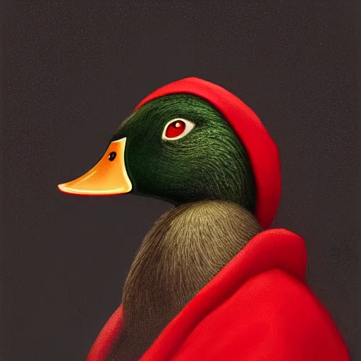 Image similar to portrait of cute mallard duck, glowing red eyes, wearing cultist red robe, doing witchcraft inside a castle, expressive oil painting, digital art, octane render