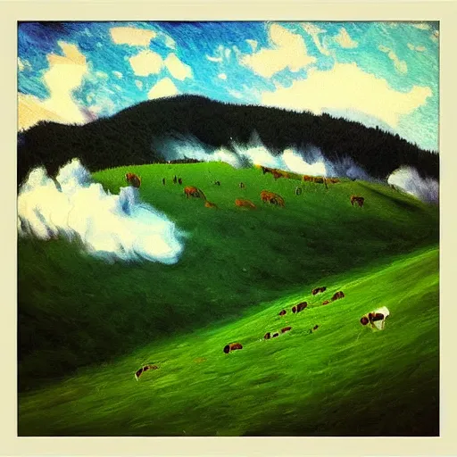 Image similar to “an impressionist painting of an avalanche of cows tumbling down a Green Mountain”