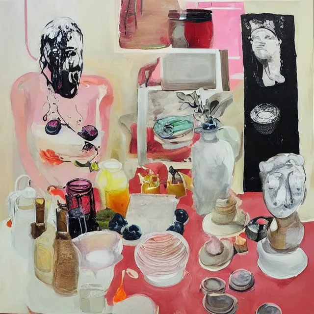 Image similar to “ a portrait in a female art student ’ s apartment, sensual, a pig theme, pork, pottery supplies, pottery work in progress, a candle dripping white wax, pottery glaze, squashed berries, berry juice drips, acrylic and spray paint and oilstick on canvas, surrealism, neoexpressionism ”