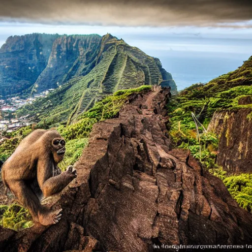 Prompt: king kong walking over madeira island, trampled, cinematic shot, realistic, hdr, color, wide shot, gigantic