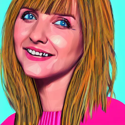 Image similar to digital art portrait of a happy woman with bangs and blonde hair wearing a pink dress