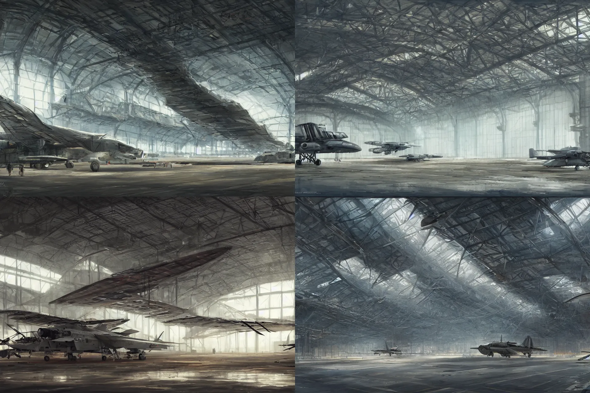 Prompt: a scene of a military airplane hangar, concept art by richard wright, cgsociety, fantasy art, biomorphic, artstation hq, concept art