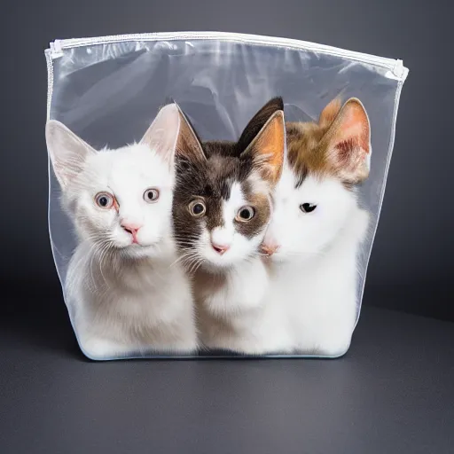 Image similar to photo of a transparent bag full of cats, white background, studio lighting, 4 k, 8 k