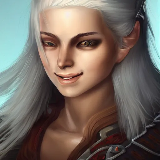 Prompt: fantasy portrait of a female human adventurer with white skin, white hair, white eyes without pupils, slightly - pointed ears, short wavy hair, eyebrow scar, trending on artstation, gentle smile, friendly, glowing, slight angle, warm and welcoming, feywild background