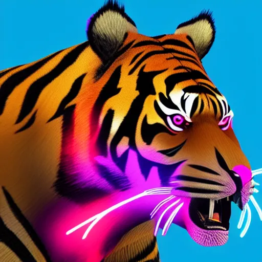 Prompt: low poly render of a Sumatran tiger animal full body octane unreal engine render vaporwave blue and pink neon 4k