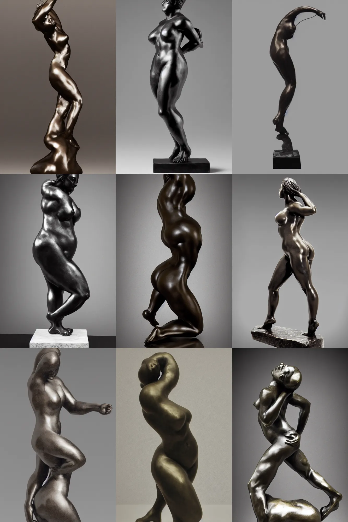 Prompt: black and white photo rodin curvy female bronze figure . Full body shot; hyper realism dramatic lighting, high detail 4K