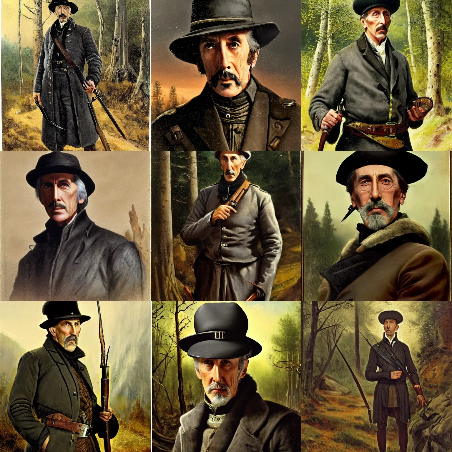 Prompt: a middle aged, martial, stark 19th century eastern european hunter with a large gray goatee and a hat looks similar to Jonathan Hyde and young Christopher Lee and young Christopher Lee. The background is a eastern european forrest. cinematic lighting, highly detailed, realistic, antique painting by Paul Brason