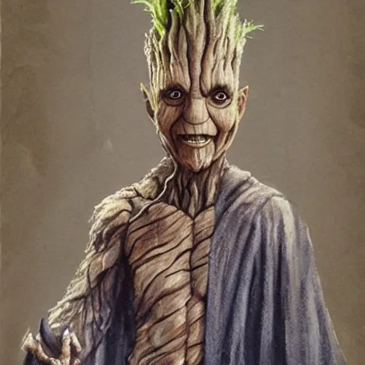 Image similar to gandalf as groot, painting