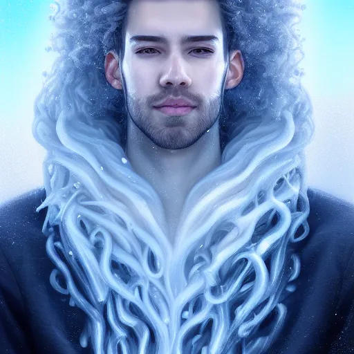 Image similar to award winning commission portrait of a man made of ice with curly hair,ice cracks.Digital art,hyperdetailed,detailed fa e,ross tran,character design by charles bowater,deviantart,artstation,photorealistic,4k