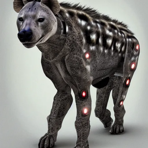 Prompt: cybernetic hyena realistic photo, cyborg hyena real