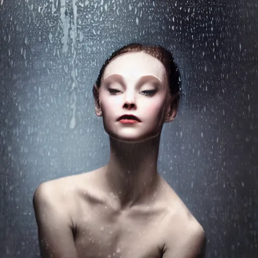 Image similar to portrait of a ballerina with a beautiful porcelain face, rain, cinematic light and reflections, beautiful dreamy lighting, photographed by annie leibovitz,