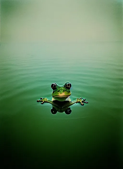 Image similar to “smiling frog vertically hovering over misty lake waters in jesus christ pose, low angle, long cinematic shot by Andrei Tarkovsky, paranormal, eerie, mystical”