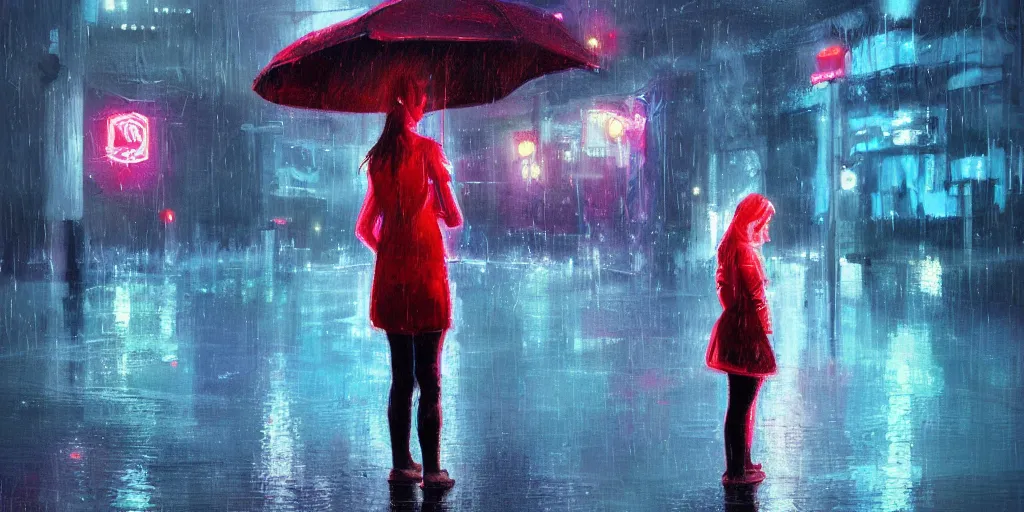 Prompt: detailed painting, a girl standing in the rain, neon lights, featured on artstation, cinematic lighting, kashin, wadim