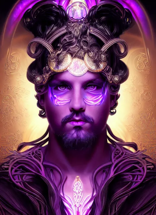 Image similar to the god zeus, portrait, wavy black electric hair, glowing eyes,, volumetric lights, purple and gold scheme, art nouveau botanicals, gothic, intricate, highly detailed, digital painting, artstation, concept art, smooth, sharp focus, symmetric face, illustration, steampunk, art by artgerm and greg rutkowski and alphonse mucha