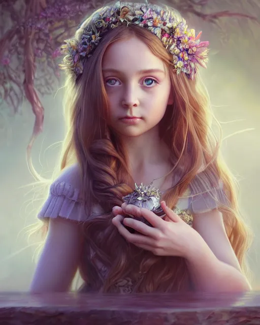 Image similar to highly detailed vfx portrait of a flower girl, wonderful eyes, long hair, deep focus, d & d, fantasy, refined, elegant, high detail, digital painting, artstation, concept art, matte, clear focus, illustration, hearthstone, art by artgerm and greg rutkowski, fuji choco, victoria line gavrilenko and hoang power lines