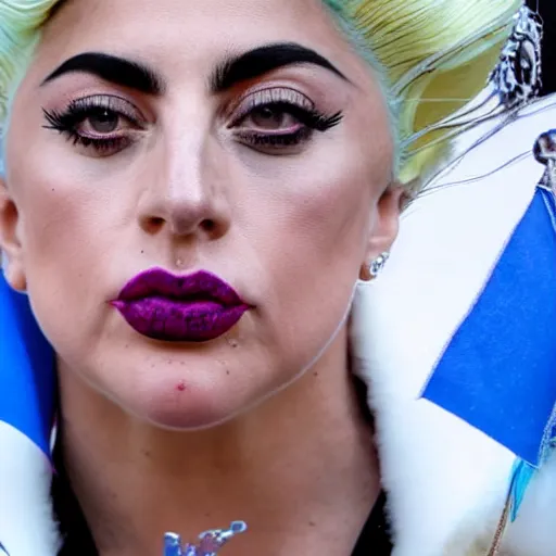 Image similar to Lady Gaga as Evita, Argentina presidential rally, Argentine flags behind, bokeh, epic photo, detailed face, Argentina