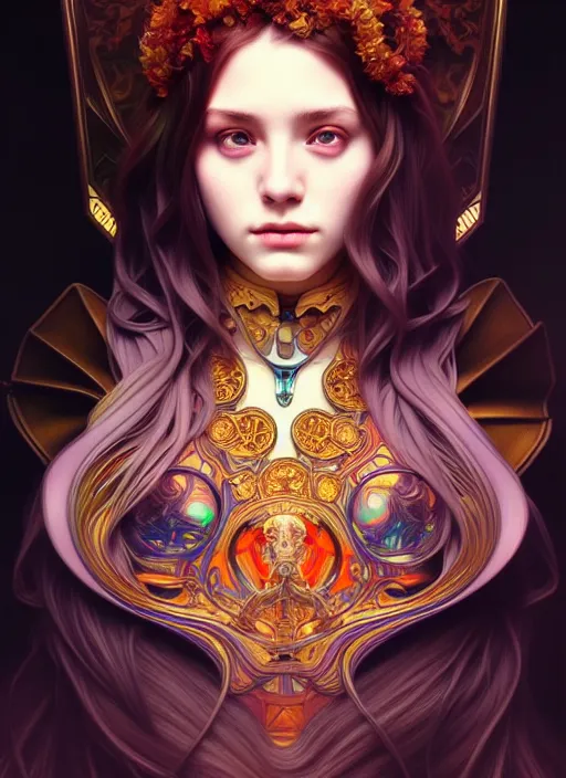 Image similar to overlord, psychedelic, portrait, highly detailed, deep focus, elegant, digital painting, smooth, sharp focus, illustration, ultra realistic, 8 k, art by artgerm and alphonse mucha