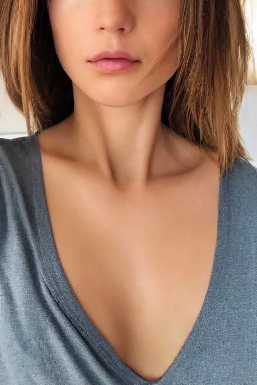 Prompt: 2 4 year old female wearing white v - neck top, neck zoomed in from lips down, photo realistic, extreme detail skin, no filter, slr, golden hour, 4 k, high definition, photograph, selfie