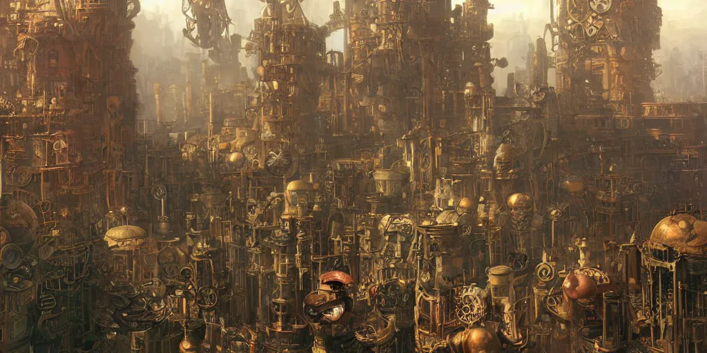 Prompt: steampunk city built on giant gears, clockwork, giant mechanisms, industry, steampunk villages castles, buildings vista artstation illustration sharp focus sunlit vista painted by ruan jia raymond swanland lawrence alma tadema zdzislaw beksinski norman rockwell tom lovell alex malveda greg staples