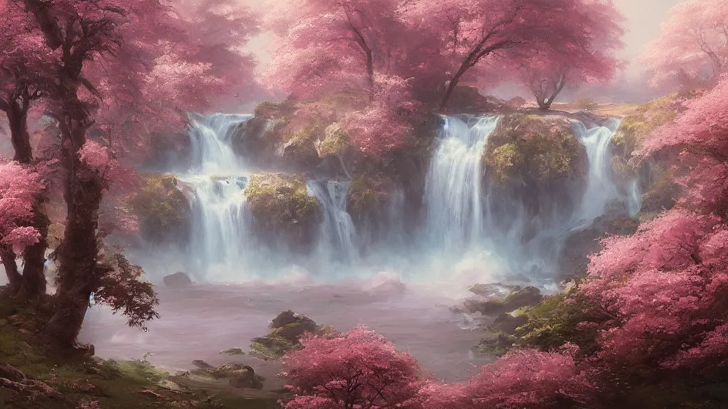 Image similar to the most beautiful panoramic landscape, oil painting, where a giant dreamy waterfall creates a river, the trees around are starting to bloom in pink color, by greg rutkowski