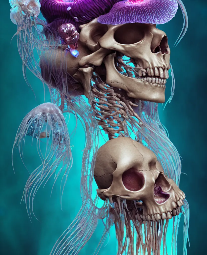 Image similar to goddess close - up portrait human skeleton, ram skull, jellyfish, orchid, betta fish, bioluminiscent, intricate artwork by tooth wu and wlop and beeple. octane render, trending on artstation, greg rutkowski very coherent symmetrical artwork. cinematic, hyper realism, high detail, octane render, 8 k