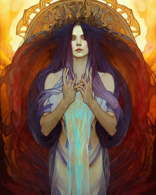 Prompt: Water priestess cloaked in ethereal fire and smoke, watercolor portrait by artgerm and alphonse mucha, anato finnstark, artstation, deviantart