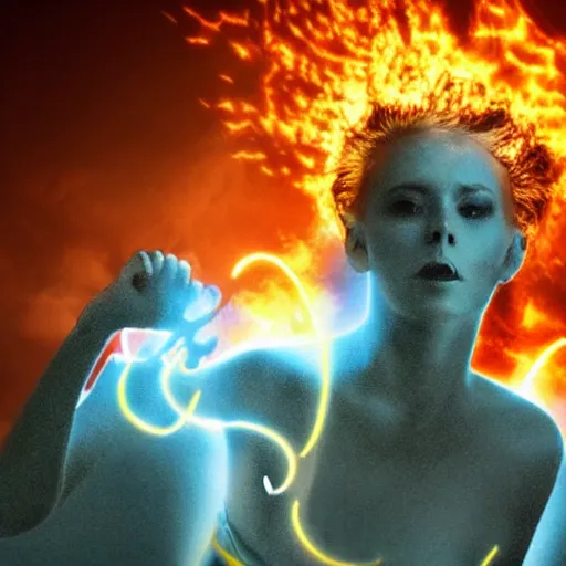 Image similar to a woman on fire, city on fire, giant, photoshop, sci - fi, award winning, photo manipulation