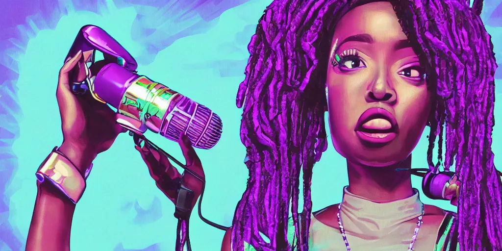 Prompt: black female rapper holds microphone straight out, digital art, vapor wave, hip hop, psychedelic, surreal, trending on Artstation, professional artist, detailed, 4k