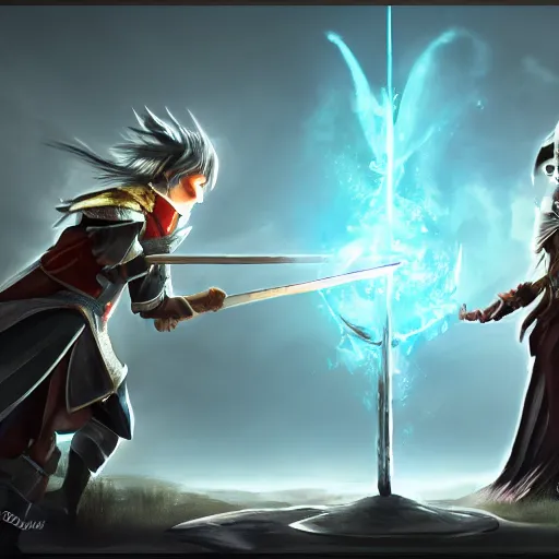 Prompt: Epic Fantasy Duel, Wizard Duel trending on ArtStation HD, bokeh, 8k detailed concept art