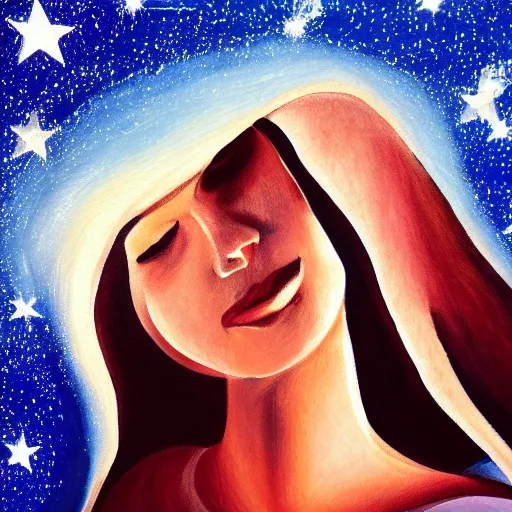 Image similar to painting a perfect women in the bluesy with stars, high resolution