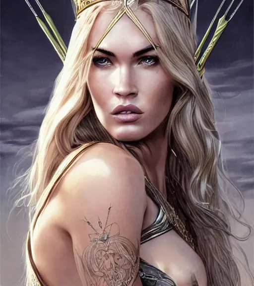 Image similar to portrait of megan fox as beautiful aphrodite goddess as an archer, arrow crown, beautiful piercing eyes, flowing blonde hair, realistic face, black and white drawing, in the style of greg rutkowski, fantasy, amazing detail, epic, intricate, elegant, smooth, sharp focus