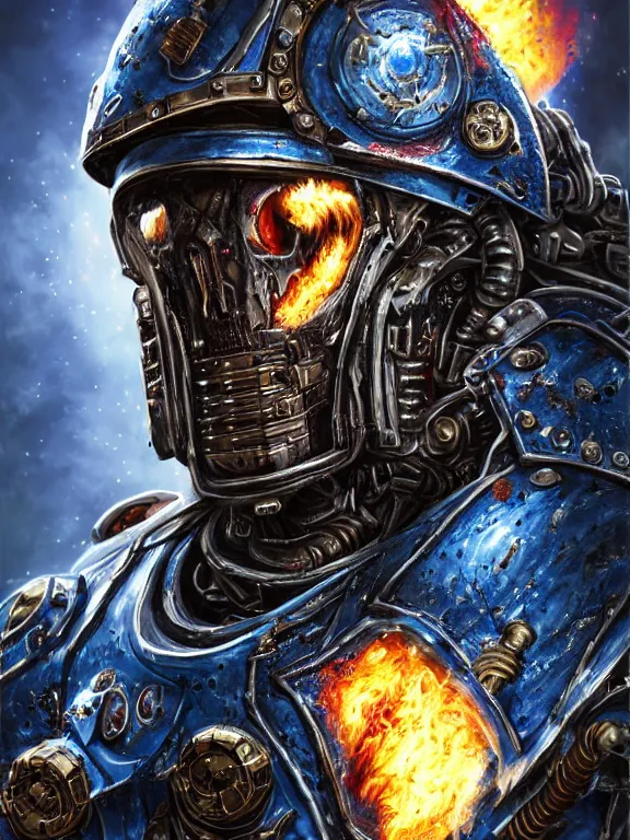 Prompt: portrait art of 8k ultra realistic undead space marine on fire,intricate blue helmet, detailed intricate ornate armour,decaying, cybernetic, full of colour, cinematic lighting, battered, trending on artstation, 4k, hyperrealistic, focused, extreme details,unreal engine 5, cinematic, masterpiece, art by ayami kojima, giger