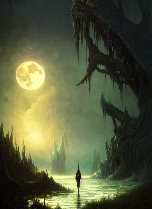 Image similar to fantasy book cover, full moon, fantasy bayou landscape, iridescent elements, fantasy magic, no human, dark light night, intricate, elegant, sharp focus, illustration, highly detailed, digital painting, concept art, matte, art by WLOP and Artgerm and Greg Rutkowski and Albert Bierstadt, masterpiece