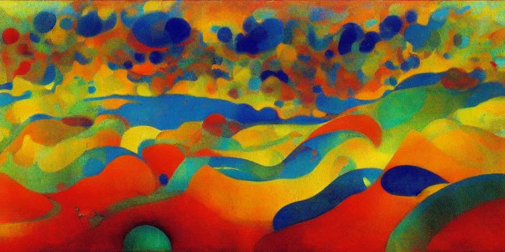 Prompt: An insane, modernist landscape painting. Wild energy patterns rippling in all directions. Curves, organic, zig-zags. Mountains, clouds. Rushing water. Waves. Psychedelic dream world. Odilon Redon. Peter Max.