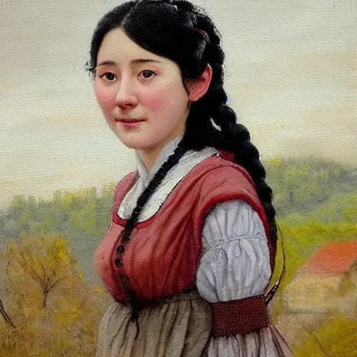 Prompt: a ((sadly)) (((smiling)))) black haired, young hungarian village maid from the 19th century who looks very similar to (((Lee Young Ae))) with a two french braids, detailed, soft focus, realistic oil painting by Miriam Escofet