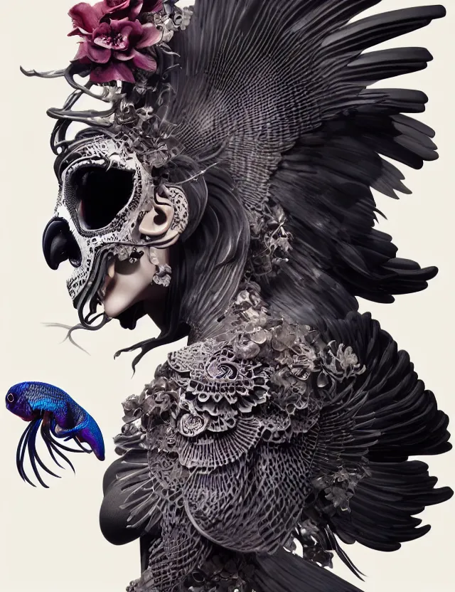Prompt: 3 d goddess of death close - up profile portrait with ram skull. beautiful intricately detailed japanese crow kitsune mask and clasical japanese kimono. betta fish, jellyfish phoenix, bio luminescent, plasma, ice, water, wind, creature, artwork by tooth wu and wlop and beeple and greg rutkowski