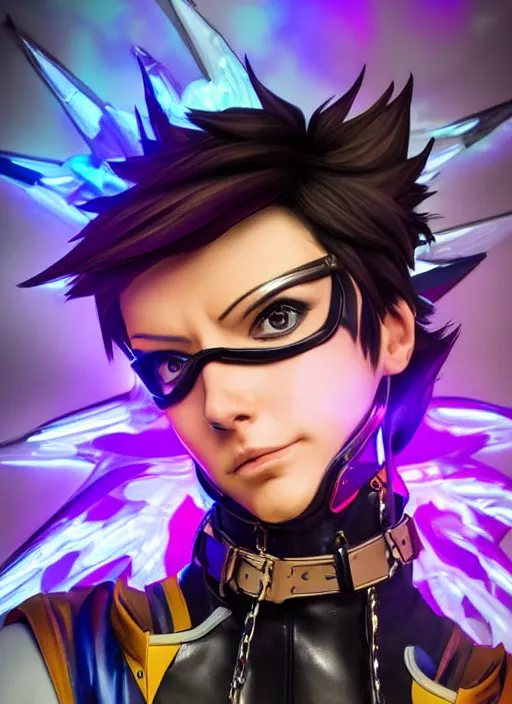 Image similar to portrait bust digital artwork of tracer overwatch, wearing iridescent rainbow latex and leather straps catsuit outfit, makeup, in style of mark arian, angel wings, wearing detailed leather collar, chains, black leather harness, detailed face and eyes,