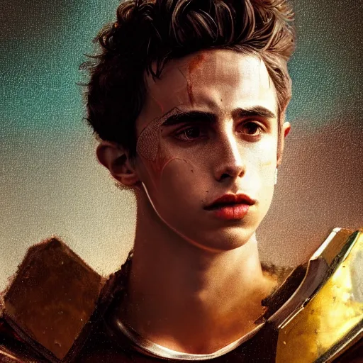 Image similar to thimothee chalamet portrait, dystopia core, apocalyptic, armor, warrior, dramatic, sharp focus, fiction, neon, fantasy, hyper detailed, digital art, trending in artstation, cinematic lighting, studio quality, smooth render, unreal engine 5 rendered, octane rendered, art style and nixeu and wlop and krenz cushart