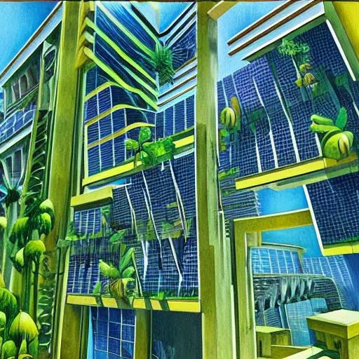 Image similar to a solar punk lush giant plants city, modern architecture by ricardo bofill, city of the jungle, geometry will draw the soul toward the truth and create the spirit of philosophy, galactic nebula, surrealist oil painting