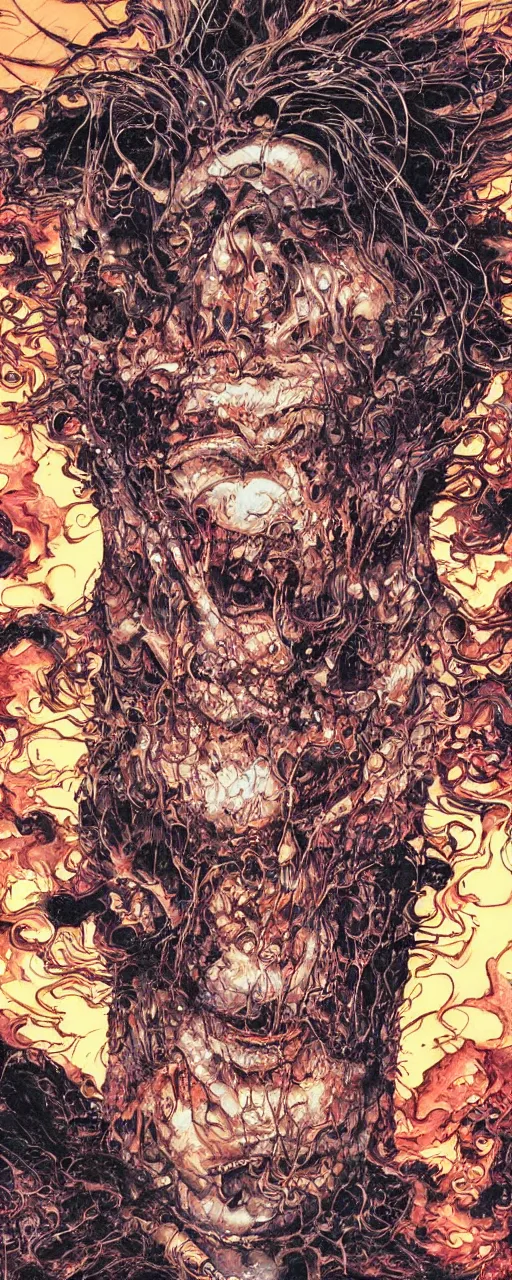 Prompt: closeup of face melting in agony, inside dark oil, frontal picture, by yoichi hatakenaka, masamune shirow, josan gonzales and dan mumford, ayami kojima