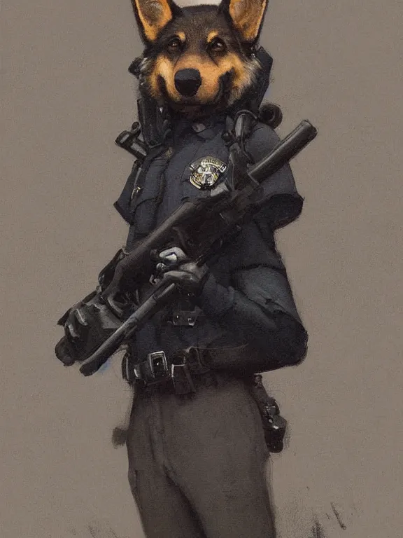 Image similar to new york city portrait of furry anthro anthropomorphic german shepard head animal person fursona wearing clothes nypd traditional police uniform in the alley, sunny day, digital art by Nerdrum John, William Waterhouse, Winslow Homer, Alex Heywood, Jordan Grimmer, Darren Quach, Greg Rutkowski, Simon Stalenhag, trending on Artstation, CGSociety