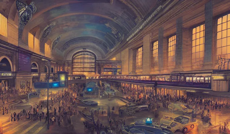 Prompt: abandoned some trouble death fantasycore grand central station, Art Nouveau Cosmic 4k Detailed Matte Painting featured on Pixiv ,CGSociety, vibrant deep color scheme, Pastiche by Hideyuki Kikuchi, Pastiche by Robert Beatty