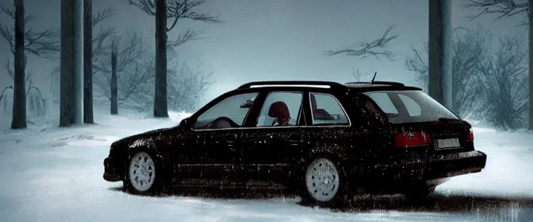 Image similar to Audi A4 B6 Avant (2002), a gritty neo-noir, dramatic lighting, cinematic, eerie person silhouette, death, homicide, homicide in the snow, gunshots, establishing shot, extremely high detail, photorealistic, cinematic lighting, artstation, by simon stalenhag, Max Payne (PC) (2001) winter New York at night, In the style of Max Payne 2 graphic novel, flashing lights, Poets of the Fall - Late Goodbye