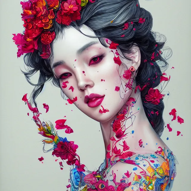 Image similar to studio portrait absurdly beautiful, elegant, lovely, young hypercolorful sensual gravure idol rubies red petals gems, ultrafine hyperrealistic detailed face illustration by kim jung gi, irakli nadar, intricate linework, sharp focus, bright colors, matte, octopath traveler, final fantasy, unreal engine highly rendered, global illumination, radiant light, intricate rainbow environment