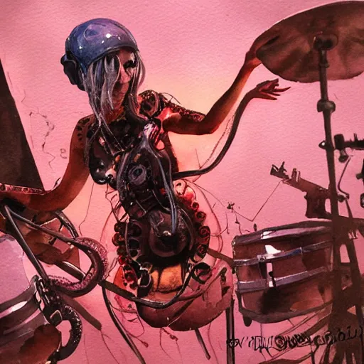 Image similar to Octopus girl playing R&R drum kit in the spotlight with rock band concert, cyberpunk, realistic, detailed, Industrial Scifi, paint, watercolor, in the style of Ashley Wood and Wadim Kashin