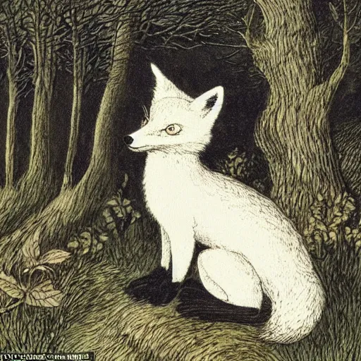 Prompt: candid portrait of clever fox in the forest, night sky, highly detailed, side view, illustrated by peggy fortnum and beatrix potter and sir john tenniel