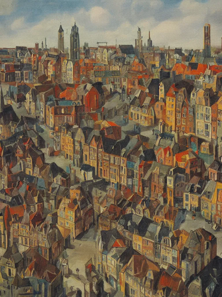 Prompt: a colorful painting of a cityview in the style of Raymond Heere, kleurrijke stadsgezichten